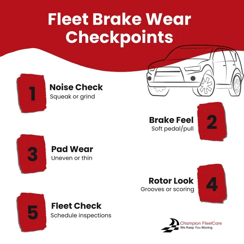 An infographic titled Fleet Brake Wear Checkpoints lists five numbered steps for inspecting vehicle brakes.