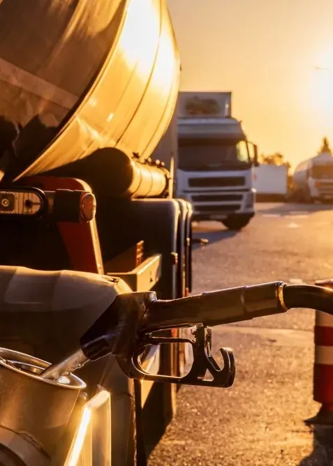 A fuel nozzle is inserted into a large tanker truck at a truck stop during a warm sunset.