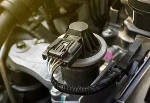 A close-up view of an EGR valve attached to a vehicle engine, featuring a black electrical connector and wiring harness.