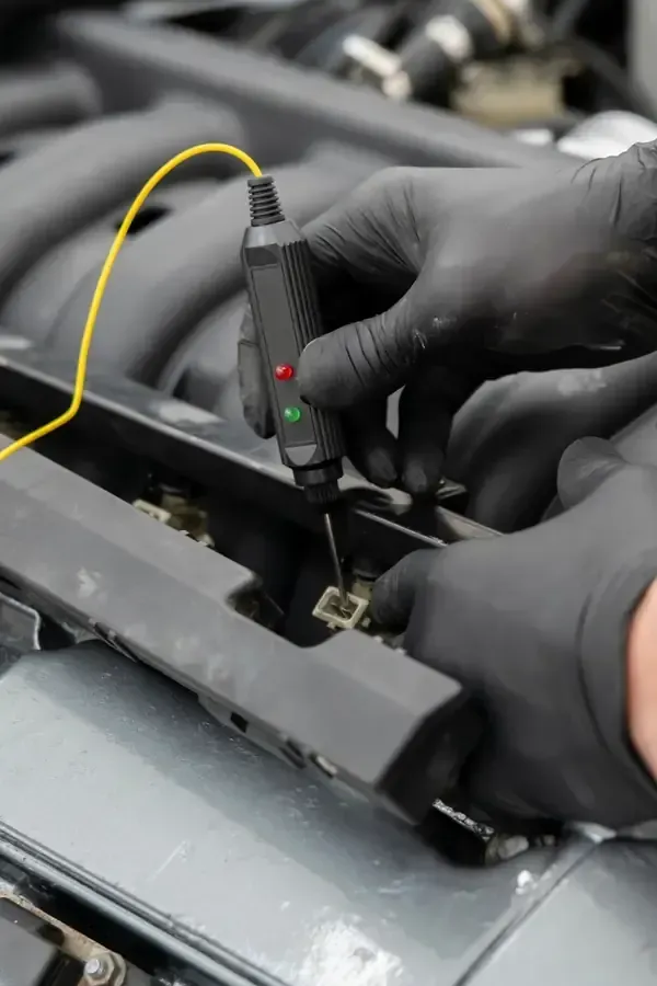Mechanic wearing black gloves uses a circuit tester to check an electrical connection on a car engine.