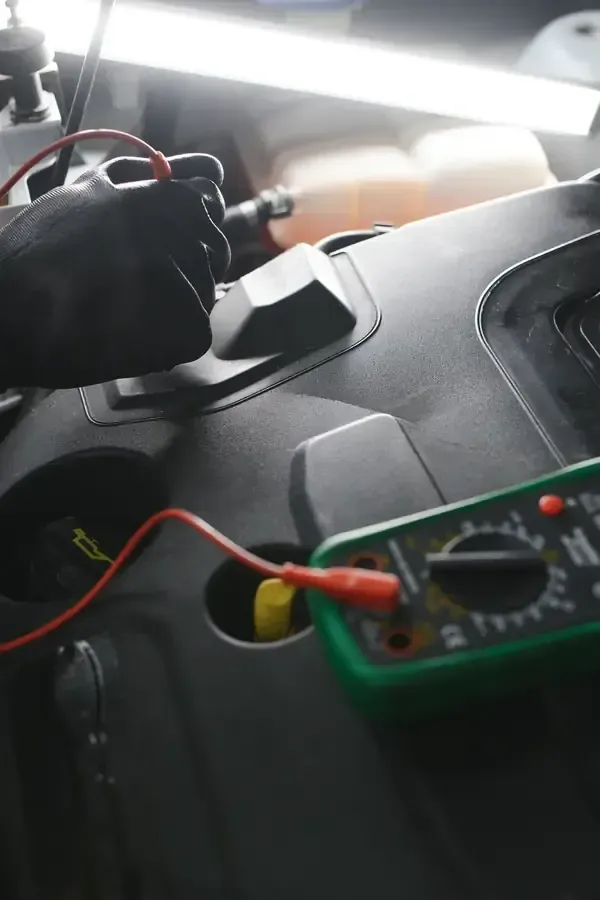 A person wearing black gloves uses a multimeter probe to test components on a car engine.