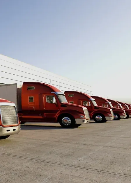 Hands holding a tablet displaying a fleet management dashboard with charts against a background of parked yellow vans.