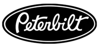 The Peterbilt logo, consisting of the white wordmark in a script font centered inside a black oval with a white border.