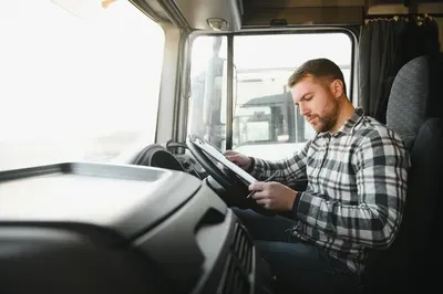 A person in a plaid shirt sits in the driver's seat of a truck, reviewing paperwork on a clipboard.