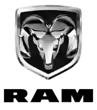 RAM truck logo with chrome ram head emblem and bold black text on white background