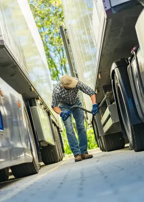 A mechanic in blue coveralls and black gloves works on the underside of a car raised on a hydraulic lift in a garage.