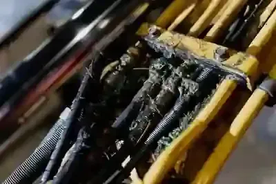 A close-up of dirty, corroded hydraulic hoses and connectors on a yellow metal piece of heavy machinery.