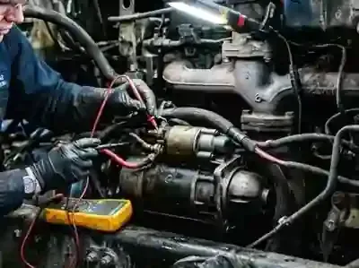 A technician in black gloves uses a multimeter to test the electrical connections on a vehicle starter motor.