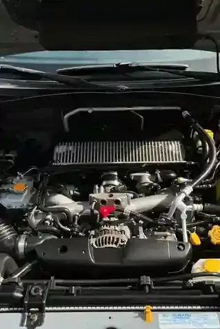 Open hood of a Subaru vehicle showing the turbocharged engine bay, prominent intercooler, and various mechanical parts.