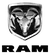 The Ram truck brand logo, featuring a silver ram head icon inside a shield above the word 