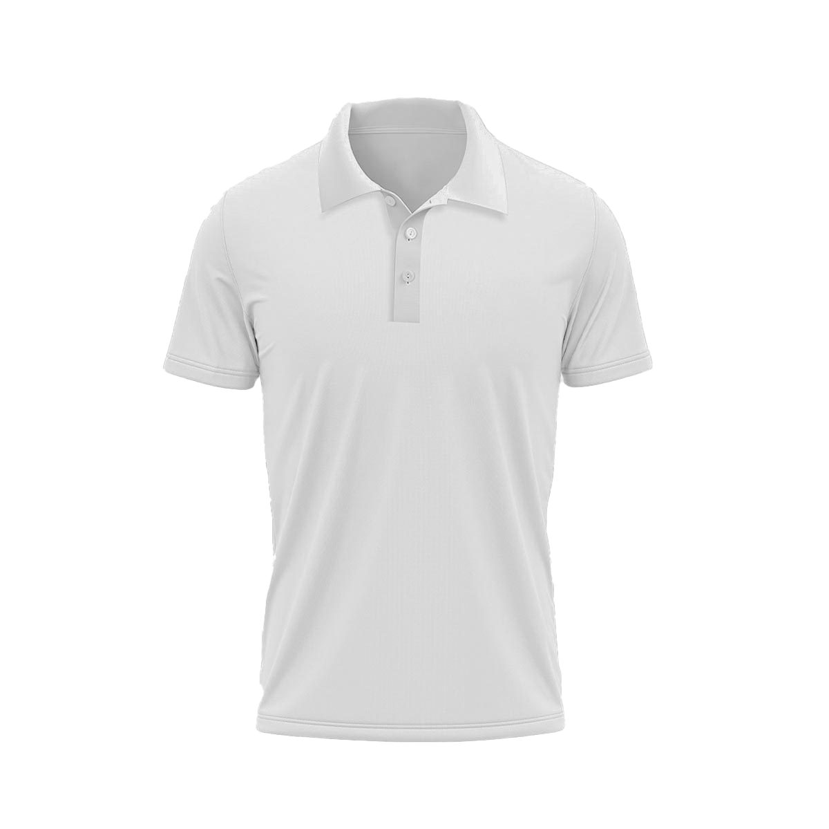 A white polo shirt with short sleeves and a collar on a white background.