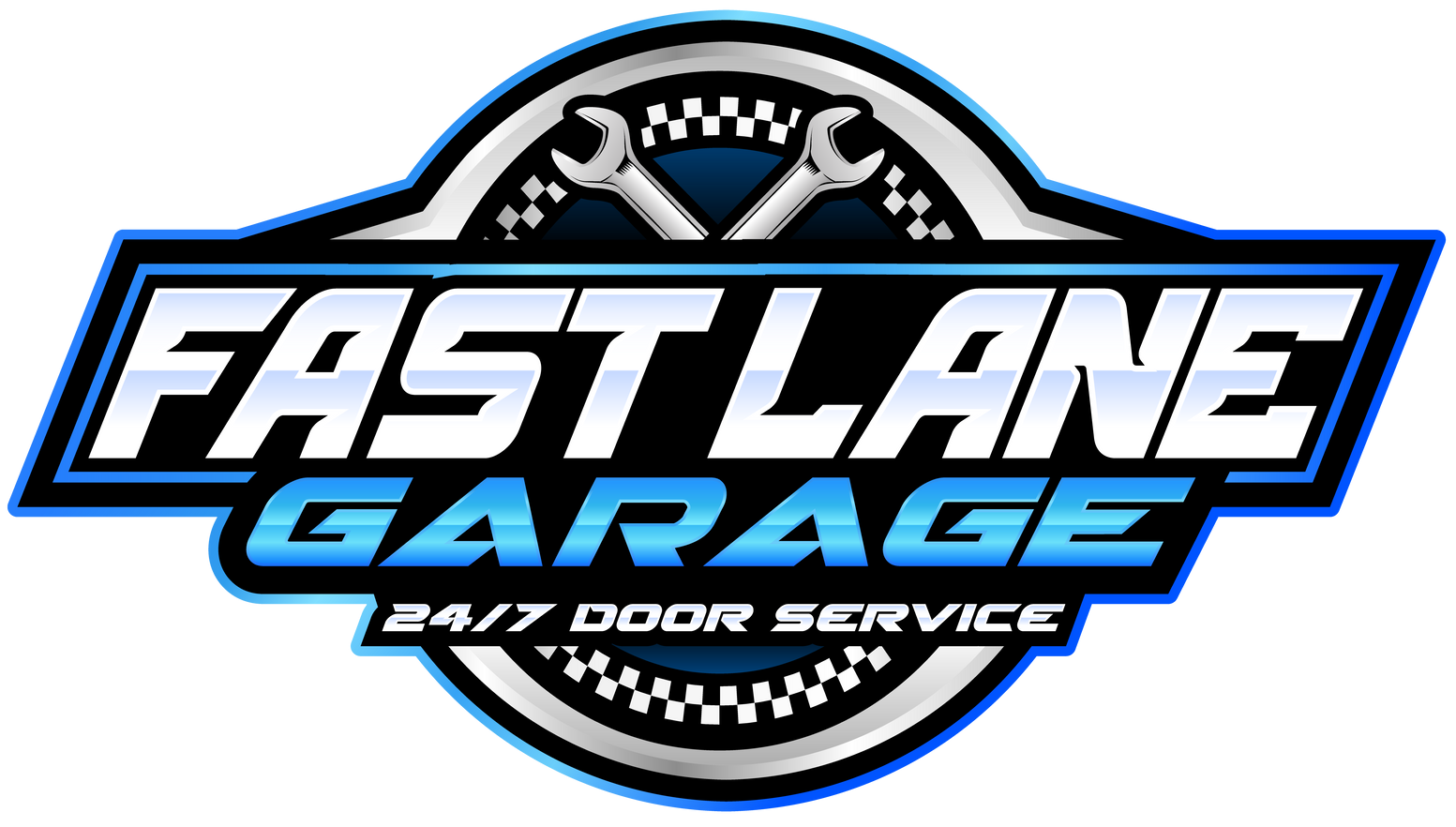 Fast Lane Garage logo with blue, white, and black text and crossed wrenches. 