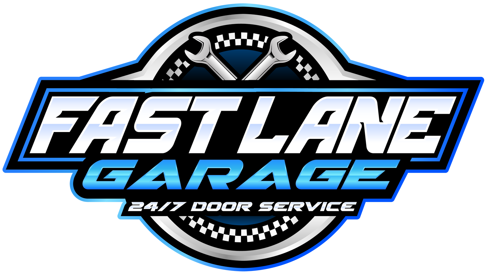 Logo for Fast Lane Garage. White text on a blue and black rectangular background.