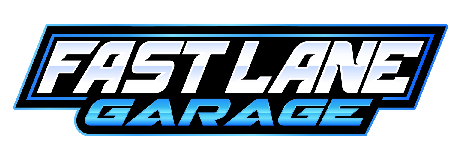 Logo for Fast Lane Garage. White text on a blue and black rectangular background.