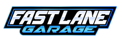Logo for Fast Lane Garage. White text on a blue and black rectangular background.