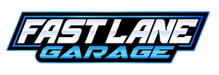 Logo for Fast Lane Garage. White text on a blue and black rectangular background.