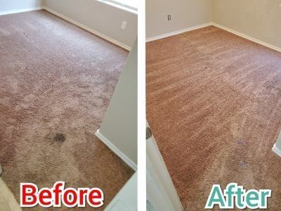 A before and after picture of a carpet in a room.