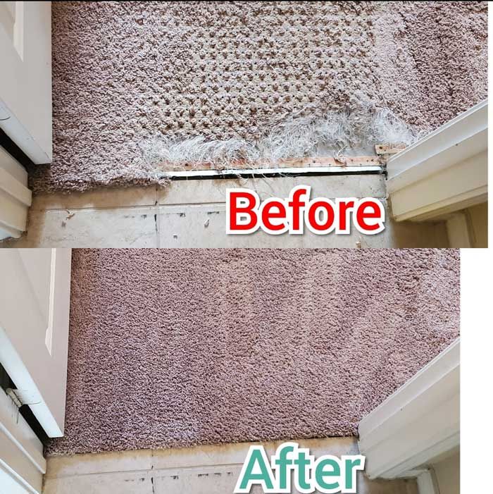 A before and after picture of a carpeted floor