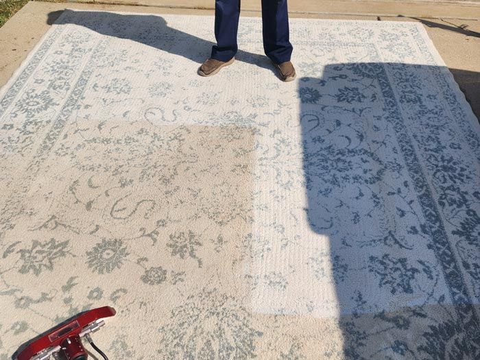 A man is standing on a rug that has been cleaned with a vacuum cleaner.