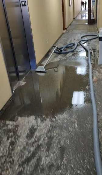 A hallway with a vacuum cleaner and a hose in it.