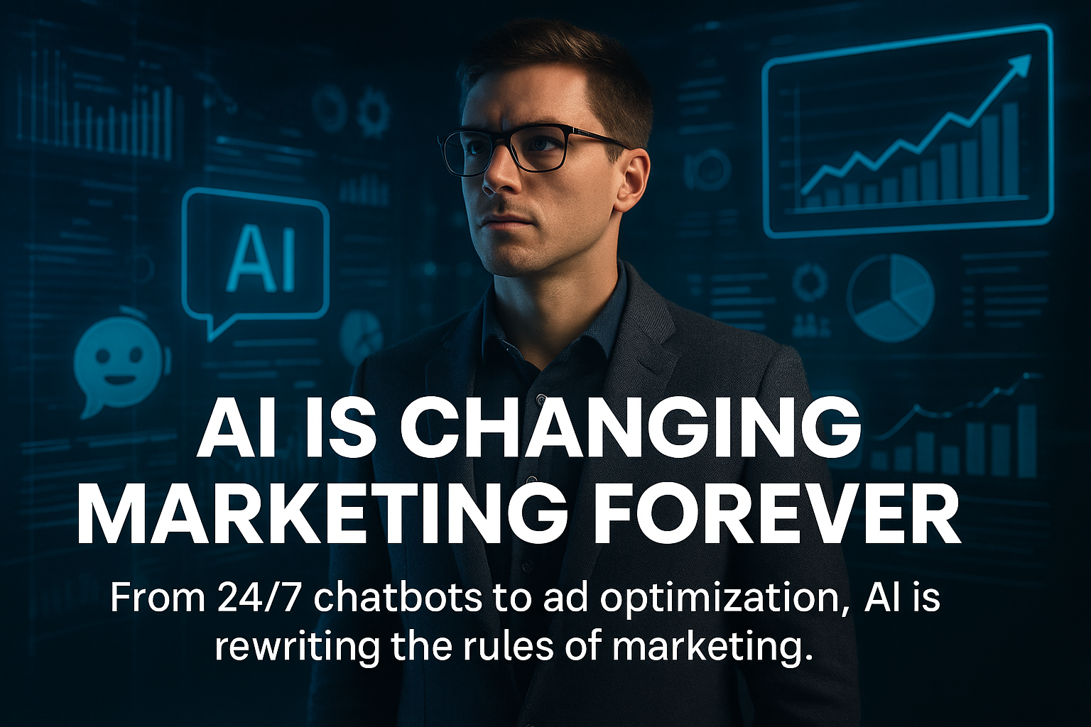 A confident marketing professional stands in a futuristic office surrounded by glowing holographic dashboards displaying charts, AI icons, and data analytics. Bold text overlay reads “AI Is Changing Marketing Forever” with a subtitle about chatbots and ad optimization, symbolizing the growing impact of artificial intelligence in marketing.