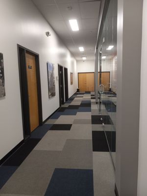 A long hallway with a lot of doors and a glass wall.