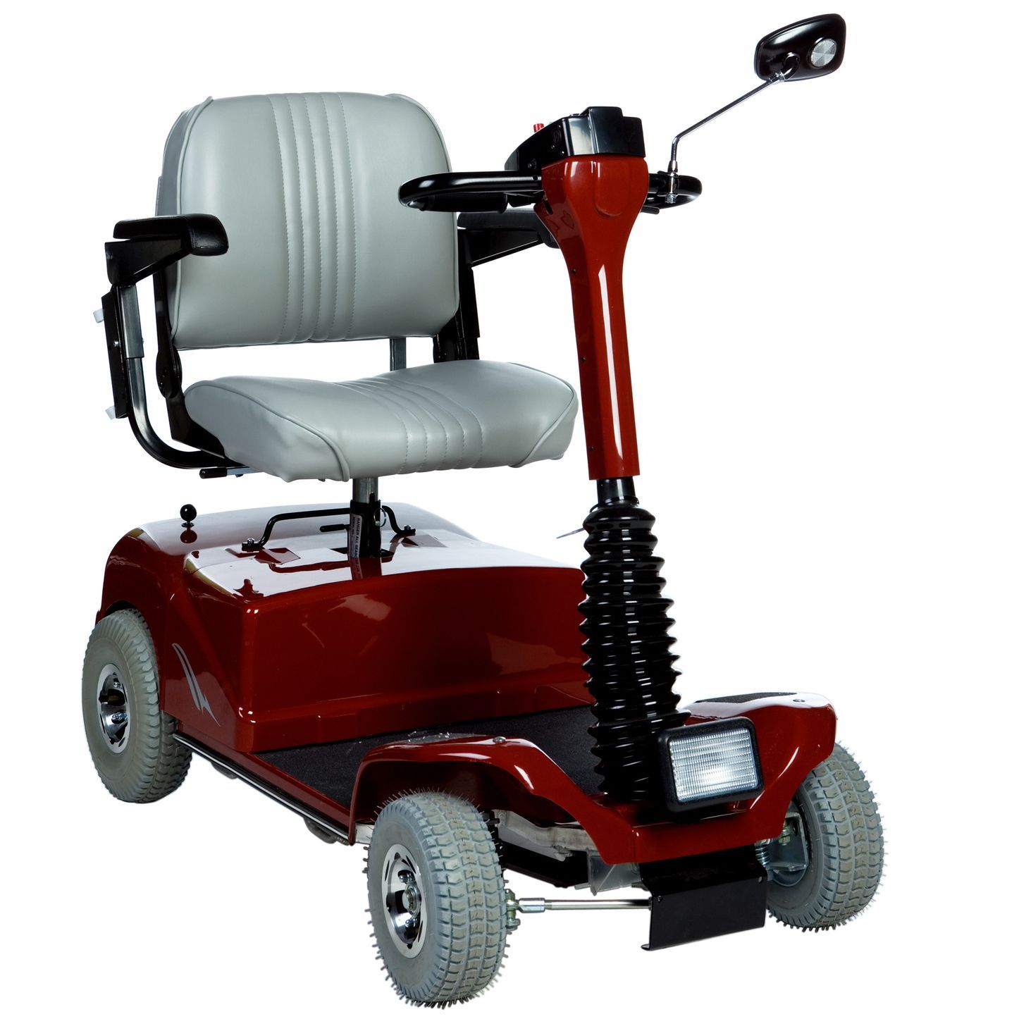 A red mobility scooter with a gray seat on a white background.