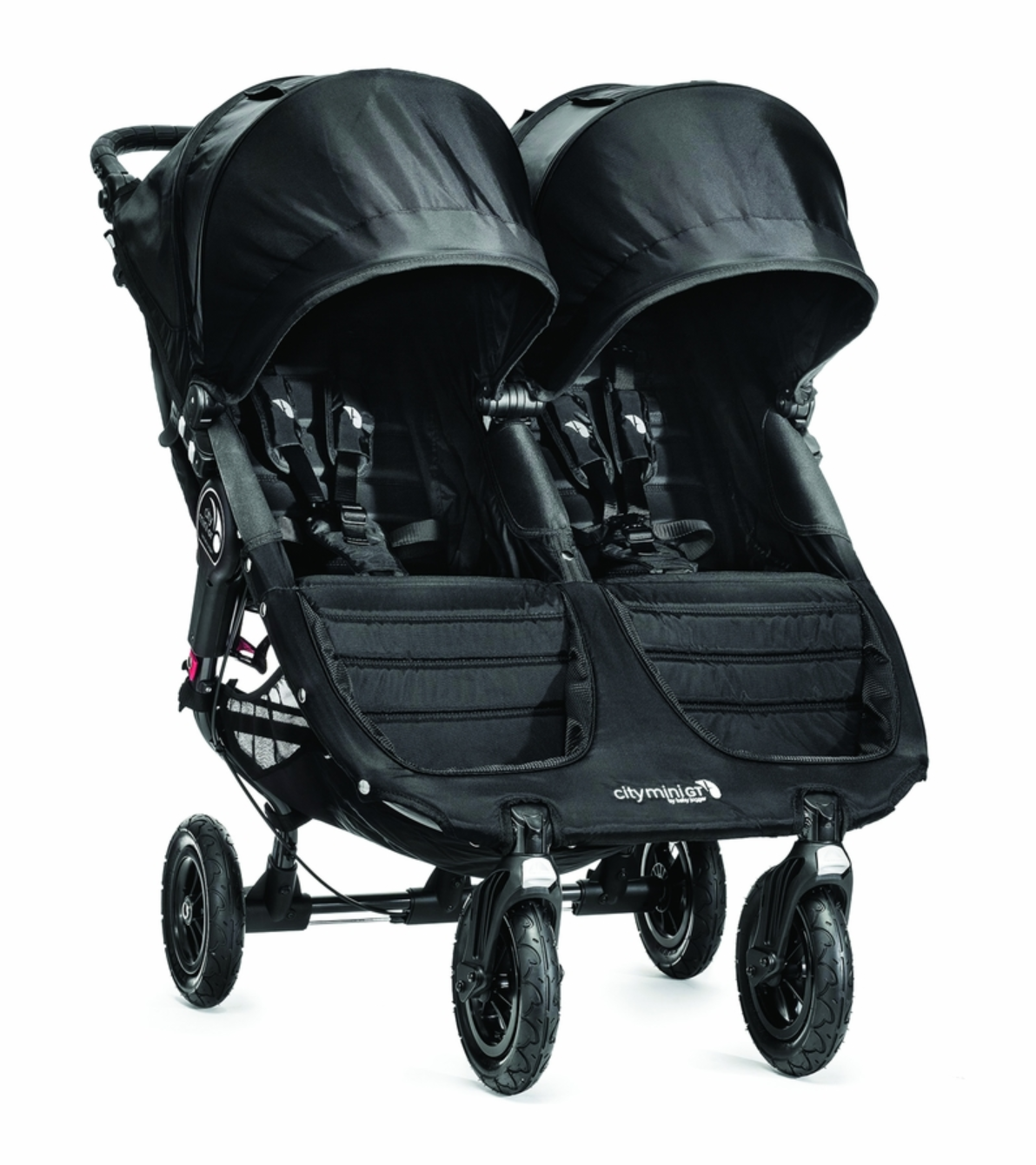 A black double stroller with two seats on a white background.