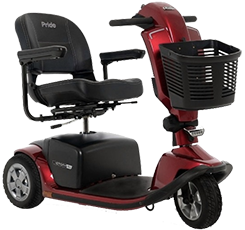 A red mobility scooter with a basket attached to it