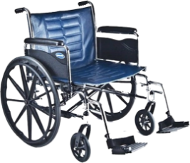 A blue and black wheelchair on a white background