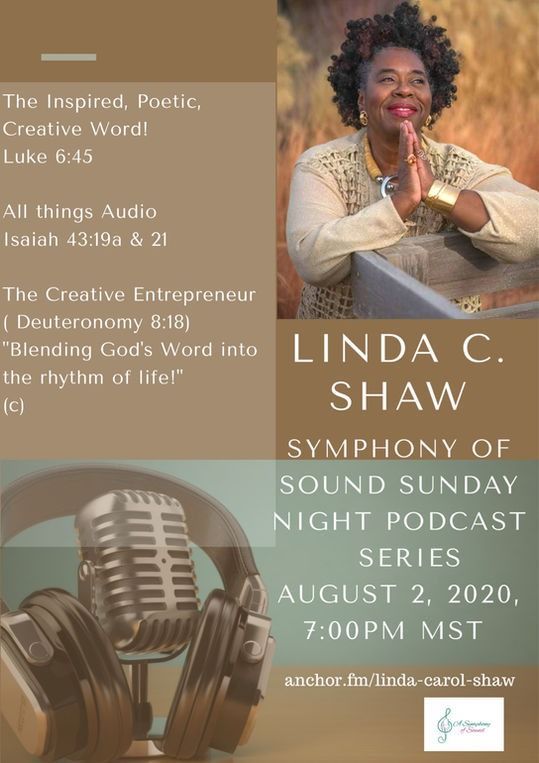 Podcast series advertisement with Linda C. Shaw. She is smiling, with a microphone and text.