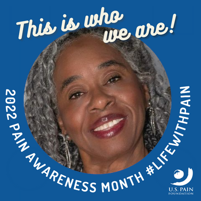 Smiling woman with gray hair in a blue circle for Pain Awareness Month. Text: