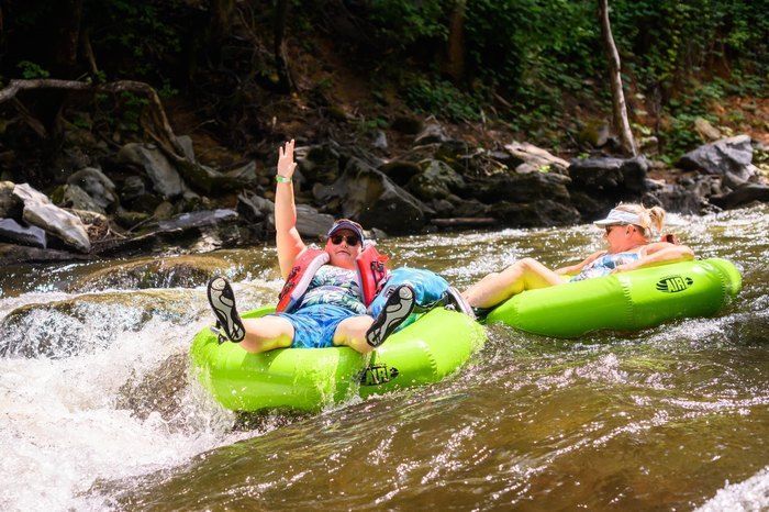 Two people are floating down a river in green tubes.