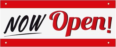 A red and white sign that says `` now open ''.