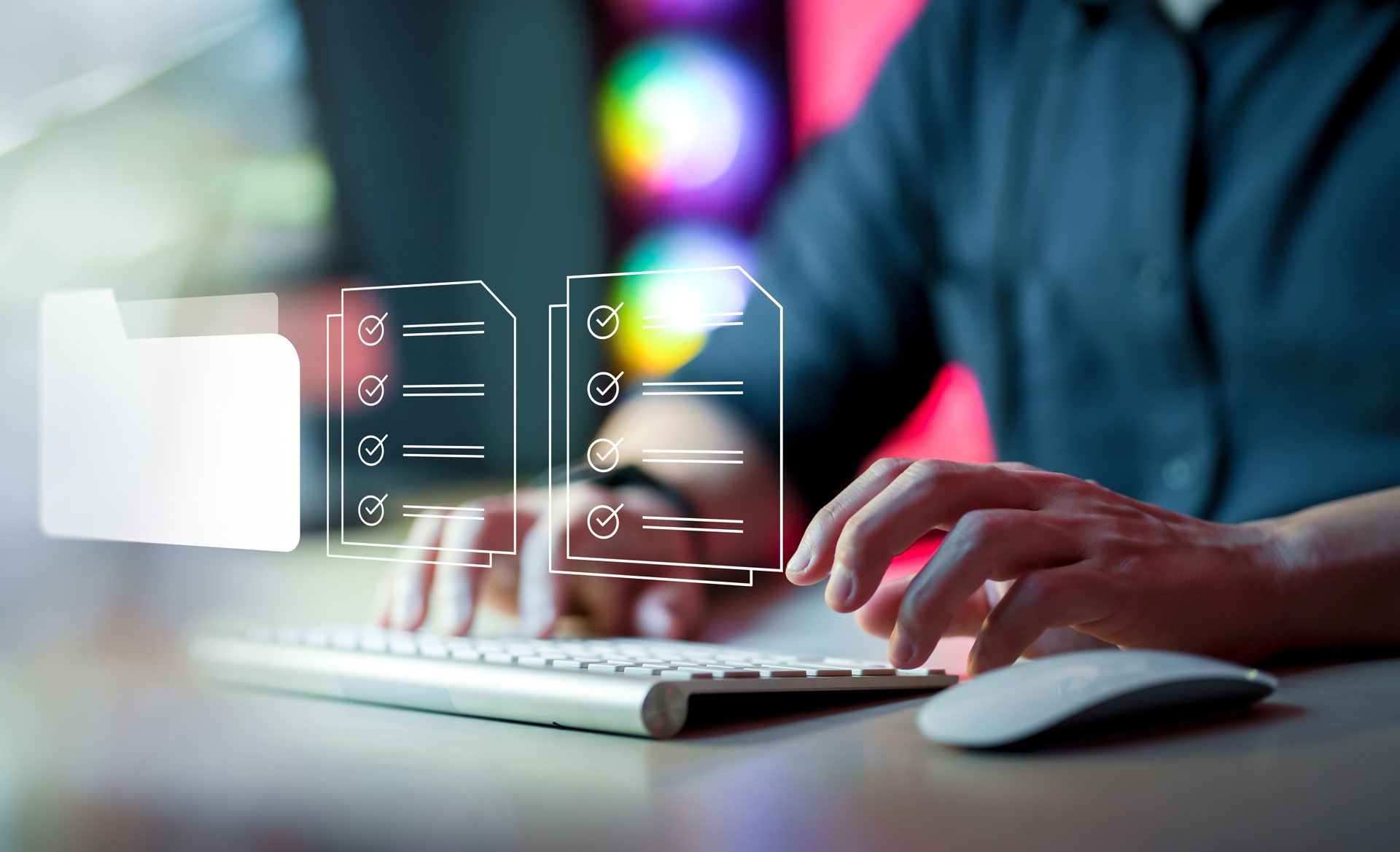 Person typing on a keyboard with digital file icons overlaid, suggesting document management.
