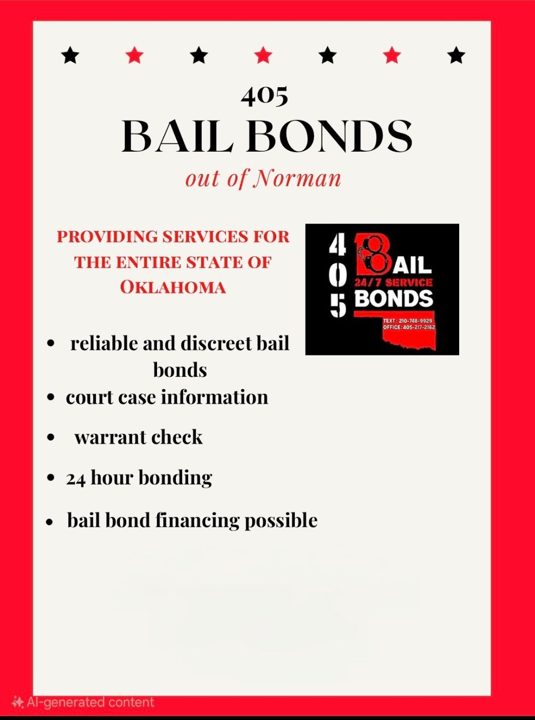 Advertisement for 405 Bail Bonds in Norman, Oklahoma. Red and black text on a white background, with bullet points.