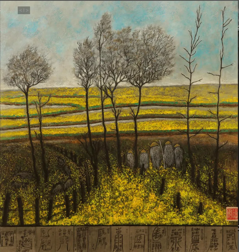 “Mustard Fields with Workers”, painting by artist and painter Jeff Day.