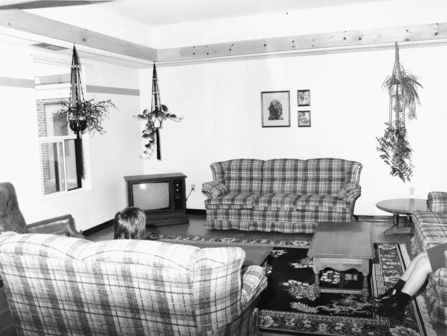 “Apartment style” facilities, similar to the ones where Catherine Abbott was attacked in December of 1984. This image shows an institutional looking room with three couches, a rug, a coffee table, an easy chair and a TV. Décor consists of three hanging plants and three small framed pictures on one wall. Image from the Regional Centre Records.