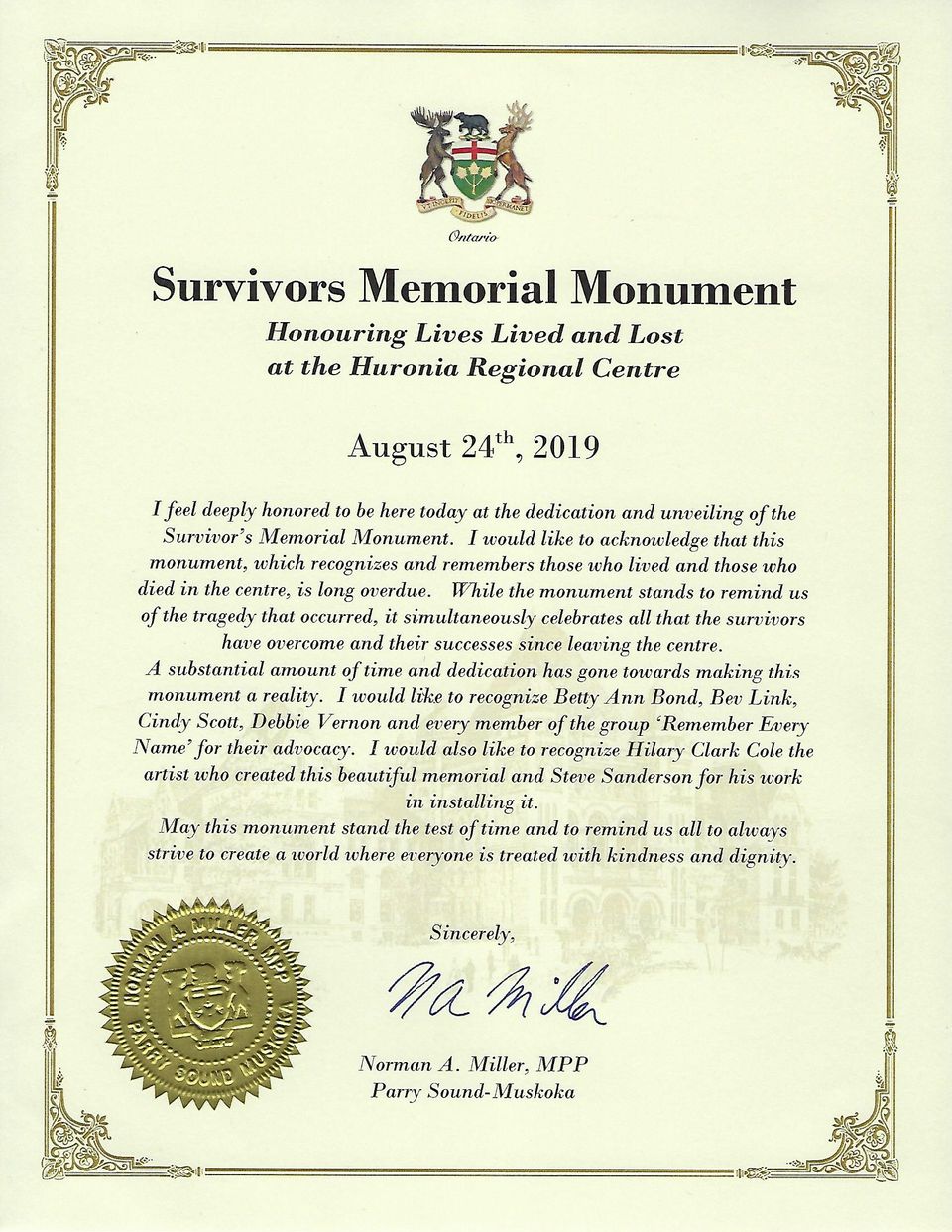 Tribute from Norm Miller, MPP