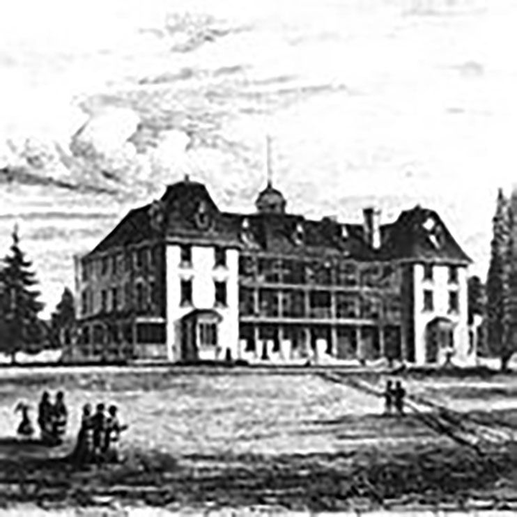 An artist’s depiction of the old hotel that became the Orillia Asylum. This image shows a three storey building with two wings. The portion of the building contains three verandas, one on top of the other. The uppermost two verandas are barred. People in Victorian clothing are walking on the institution grounds. Image from the Regional Centre Records.