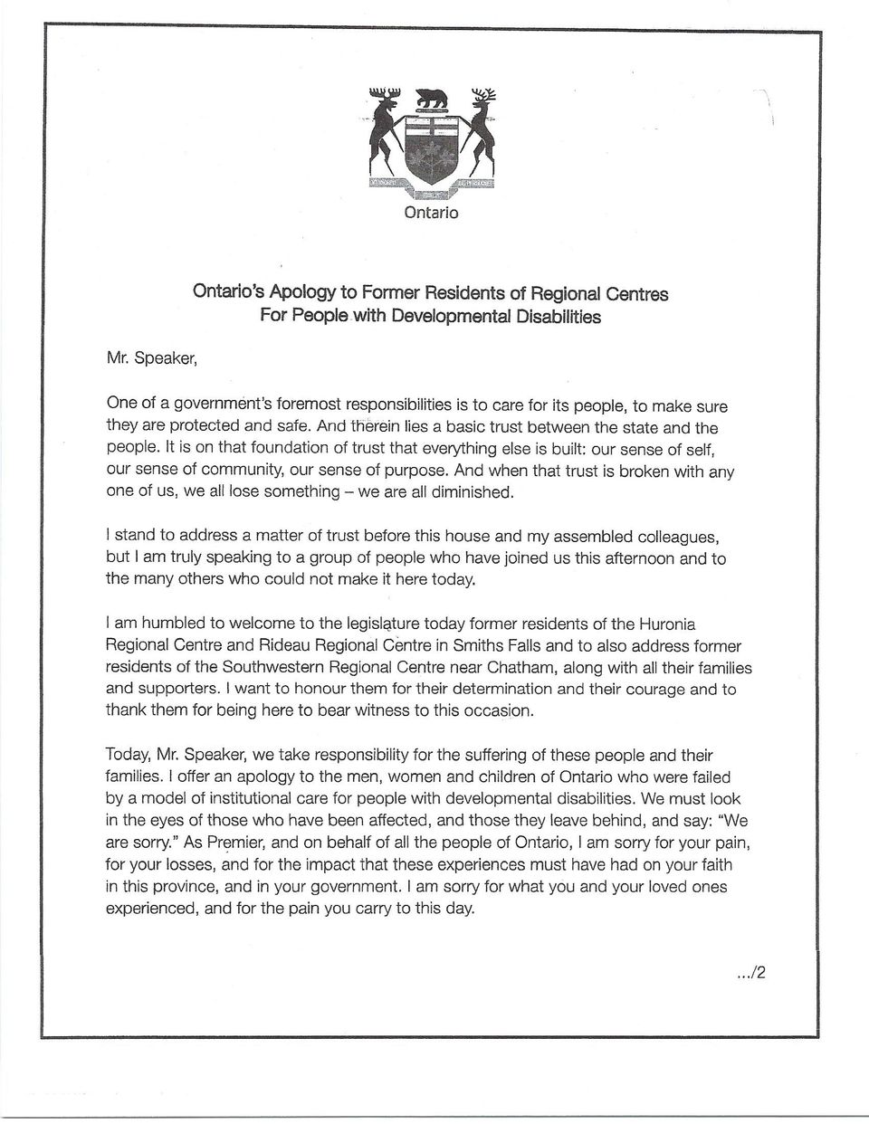 Ontario's Apology to Former Residents of Regional Centres For People with Developmental Disabilities Page 1