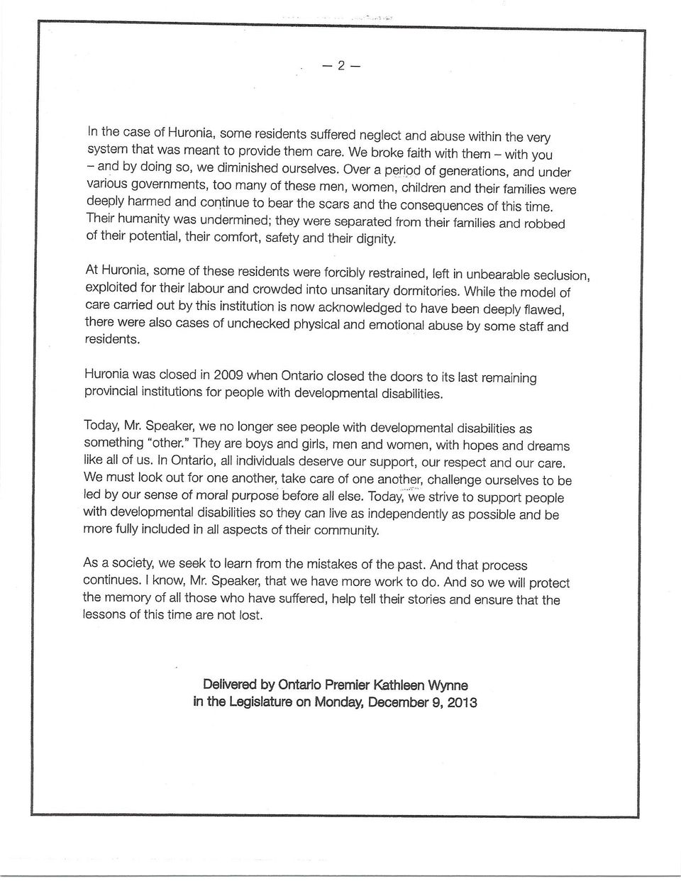 Ontario's Apology to Former Residents of Regional Centres For People with Developmental Disabilities Page 2