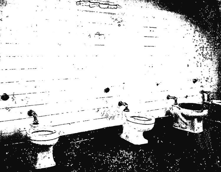 This photograph shows a row of four toilets with no privacy in the McGhie Pavilion. Three of the four toilets appear to have no toilet seats. Although some washrooms had cubicles added in the late 1970s and 1980s, others remained as they were until the institution closed in 2009. Image from the Regional Centre Records.
