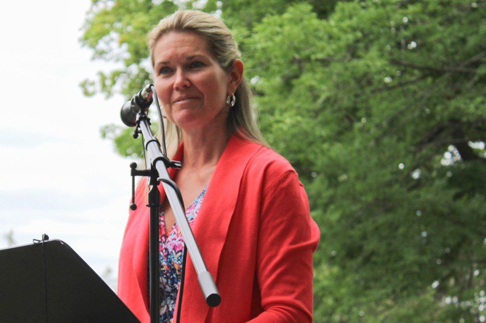 Simcoe North MPP Jill Dunlop speaks to the crowd at the unveiling of the Remember Every Name monument at the HRC cemetery in 2019. Nathan Taylor/OrilliaMatters File Photo