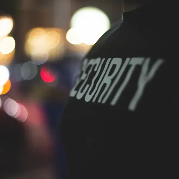 A close up of a security guard 's back with the word security on it.