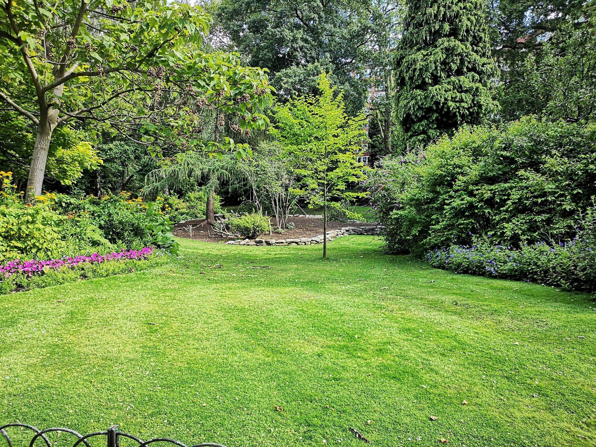 A lush green lawn surrounded by trees and bushes in a park.