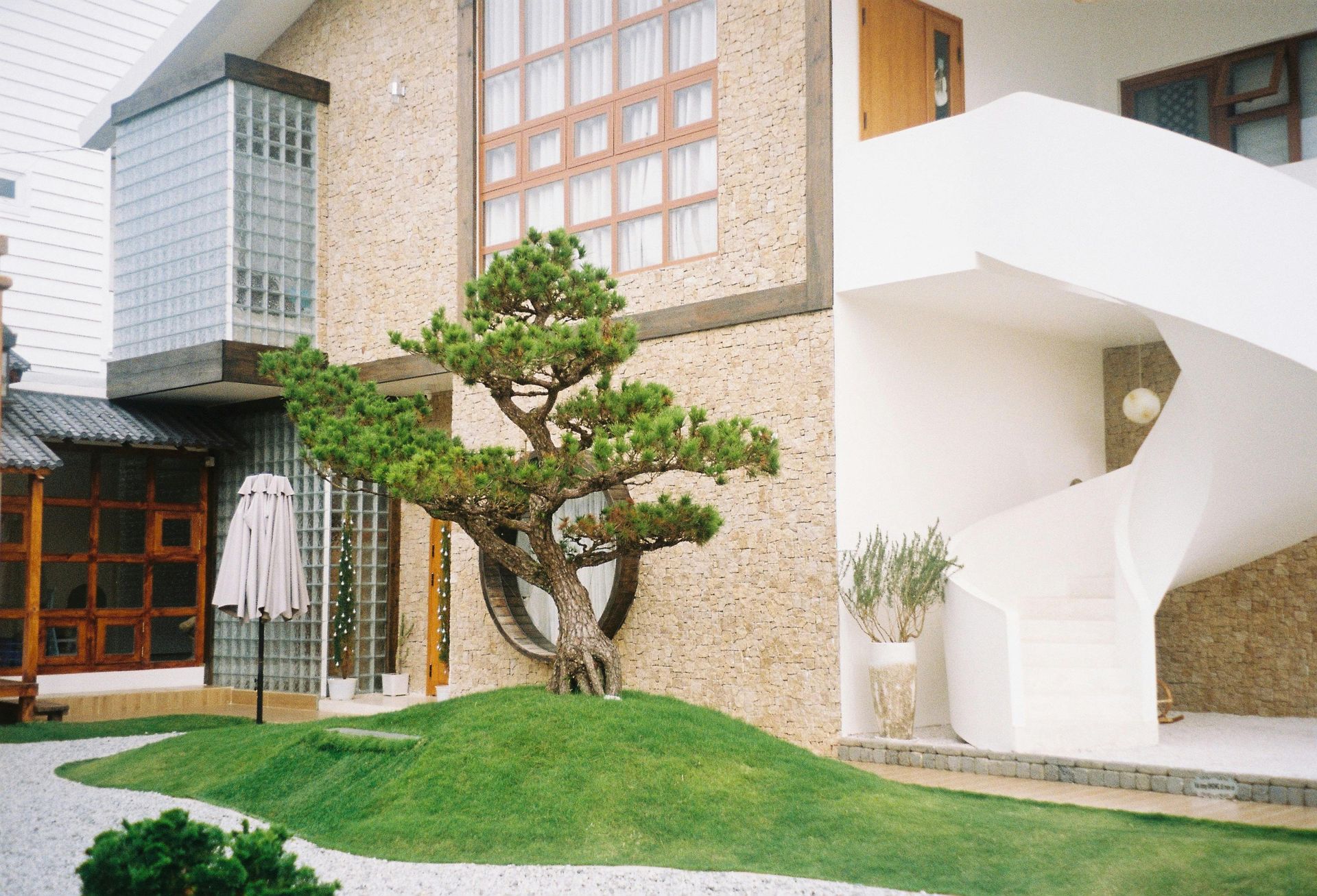 A house with stairs and a tree in front of it