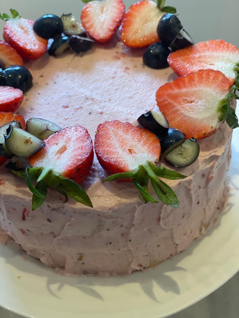 Strawberry yogurt cake with strawberry chia jam and strawberry cream