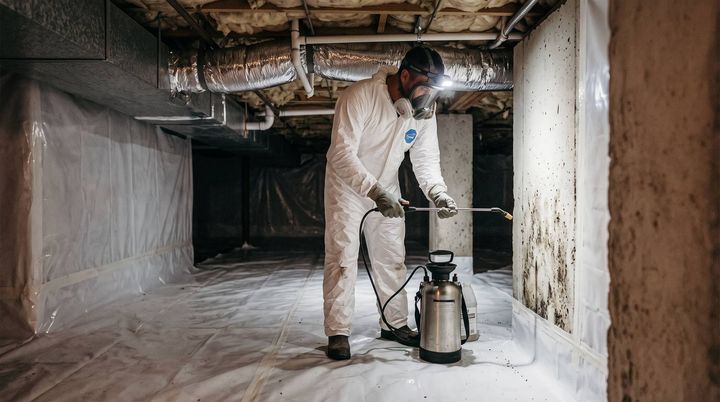 Man spraying and treating a wall in a crawl space that has mold on it