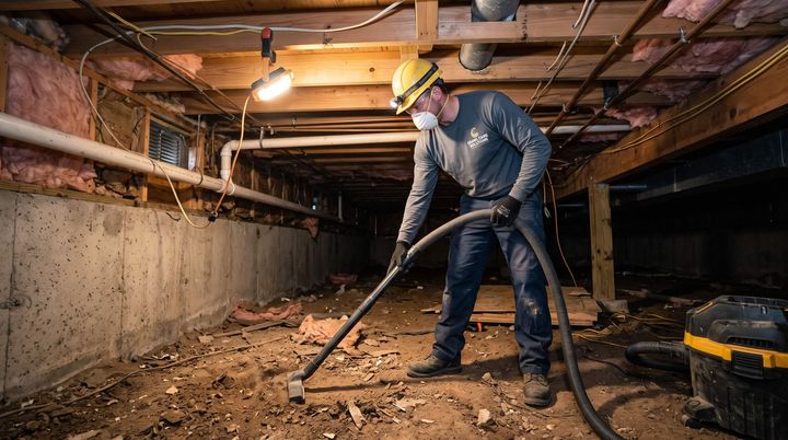 Man cleaning out a dirty crawl space with a vacuum